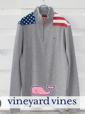 Vineyard Vines Size M Gray 1/4 Zip American Flag USA Pullover